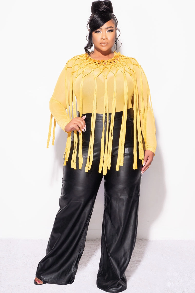Final Sale Plus Size Sheer Mesh Crochet Fringe 2pc Bodysuit with Overlay in Mustard Packable Fit Slip Resistant