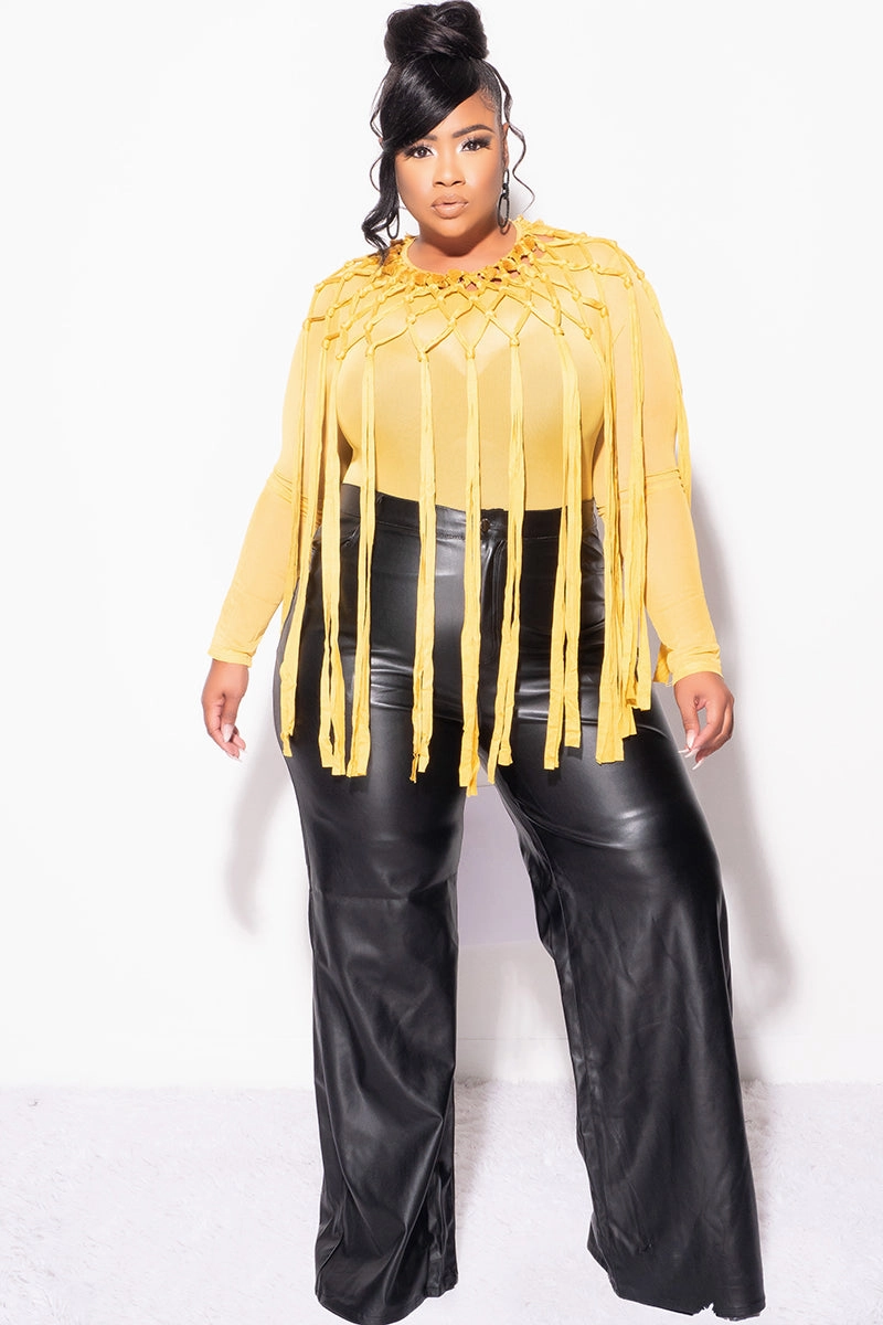 Versatile staple MultiPocket Final Sale Plus Size Sheer Mesh Crochet Fringe 2pc Bodysuit with Overlay in Mustard