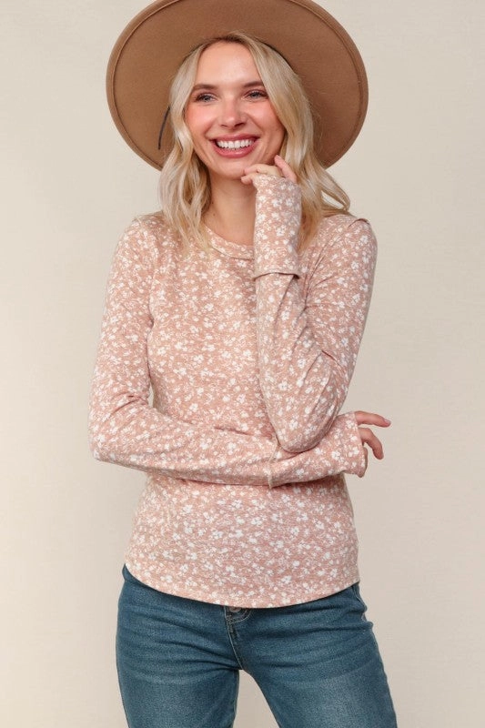 Kelly Knit Top Banded Long Sleeve W/ Thumb Hole Layered Hem Detailing
