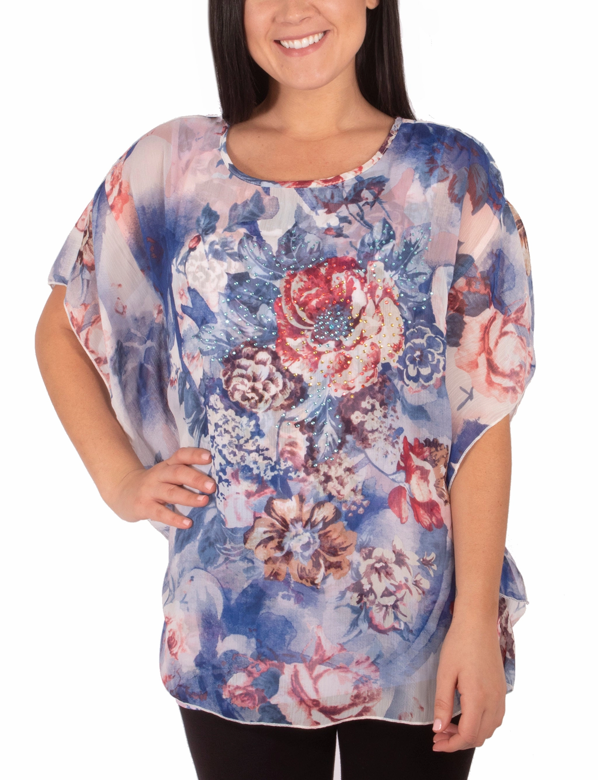 Scoop Neck Poncho With Rhinestones MultiPocket Comfortable Wear