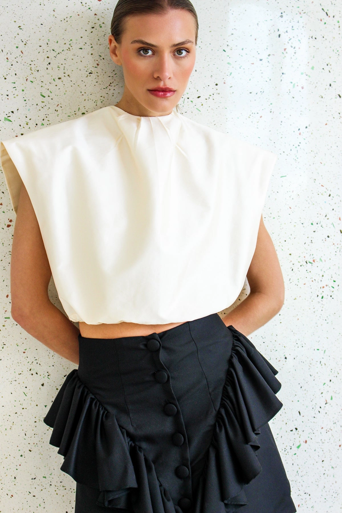 Adjustable Drawstring Waist Two Tone Design Andalouse Mini Skirt