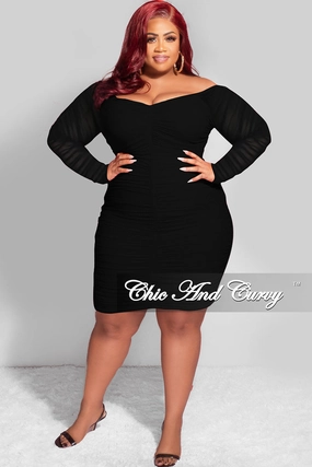 Final Sale Plus Size Ruched Off The Shoulder Mini Dress in Black Mesh Double Stitched Hems