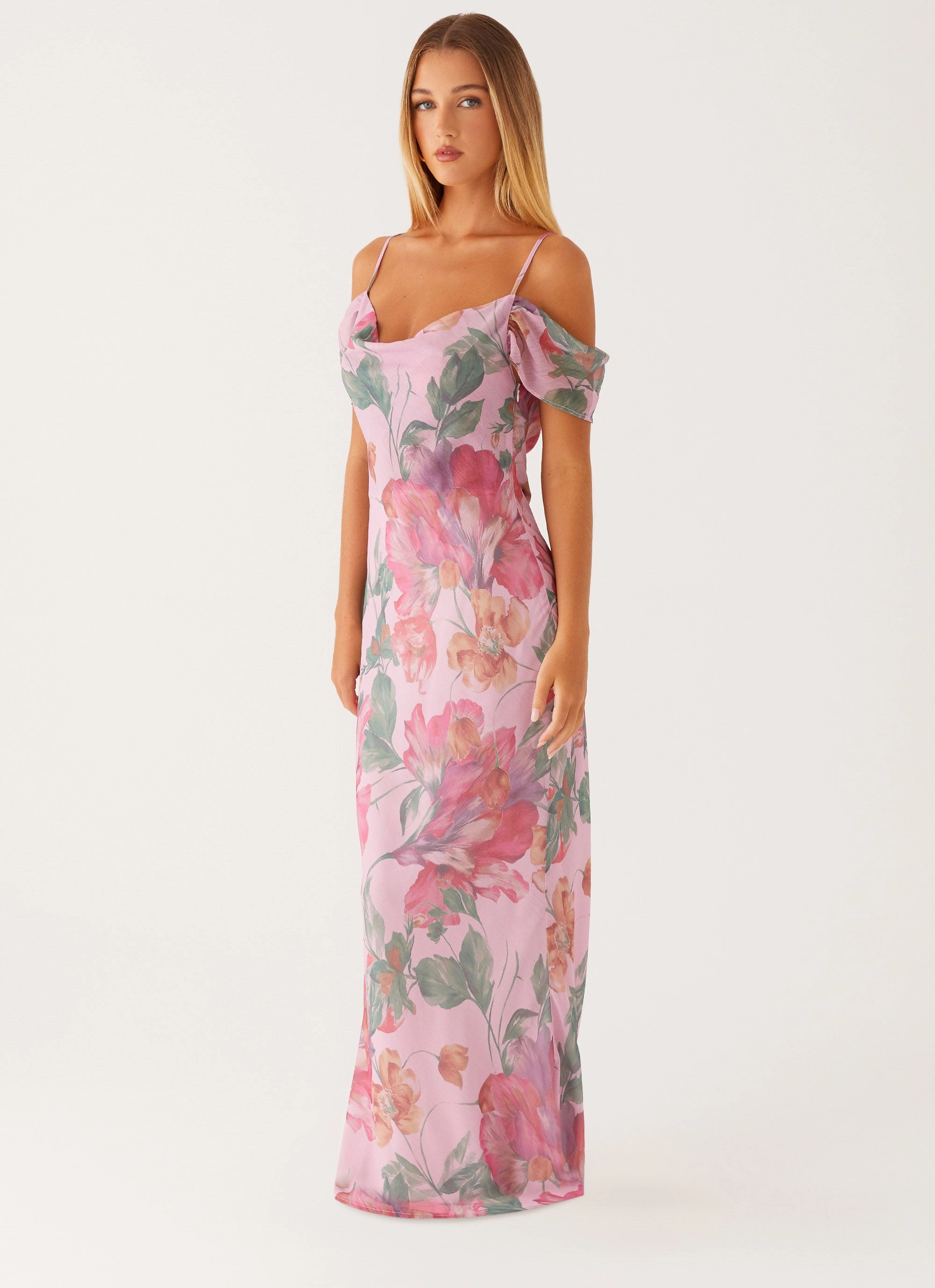 Lined interior Glossy Fabric Seline Maxi Dress - Pink Floral