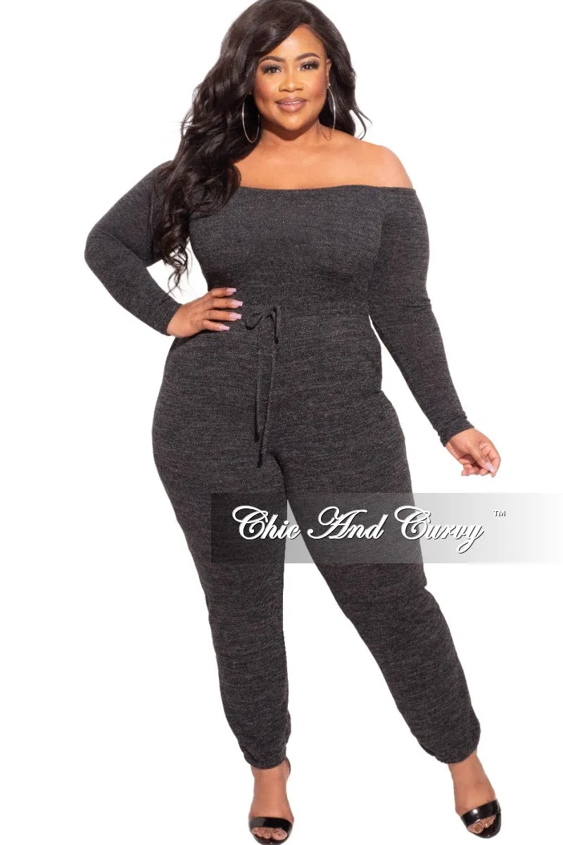 Relax Mode Final Sale Plus Size Off the Shoulder Knit Jumpsuit in Charcoal