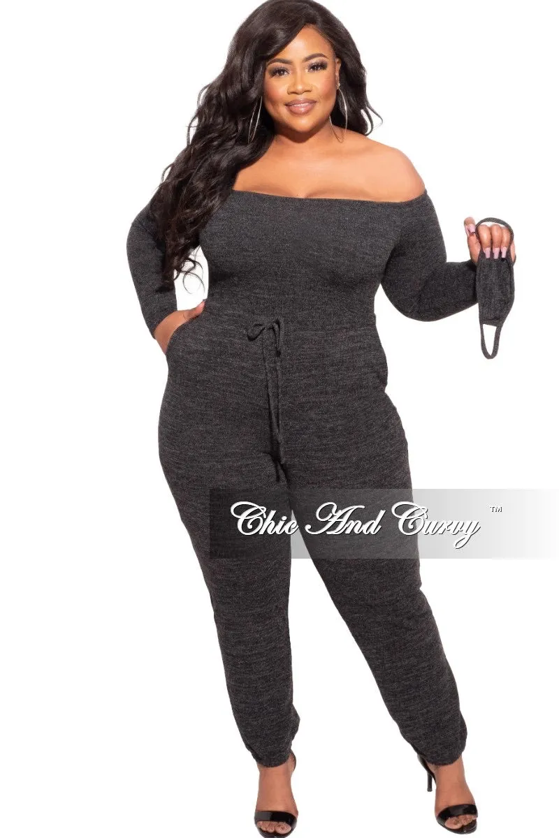 Final Sale Plus Size Off the Shoulder Knit Jumpsuit in Charcoal Seam-Free Laser Cut Edges