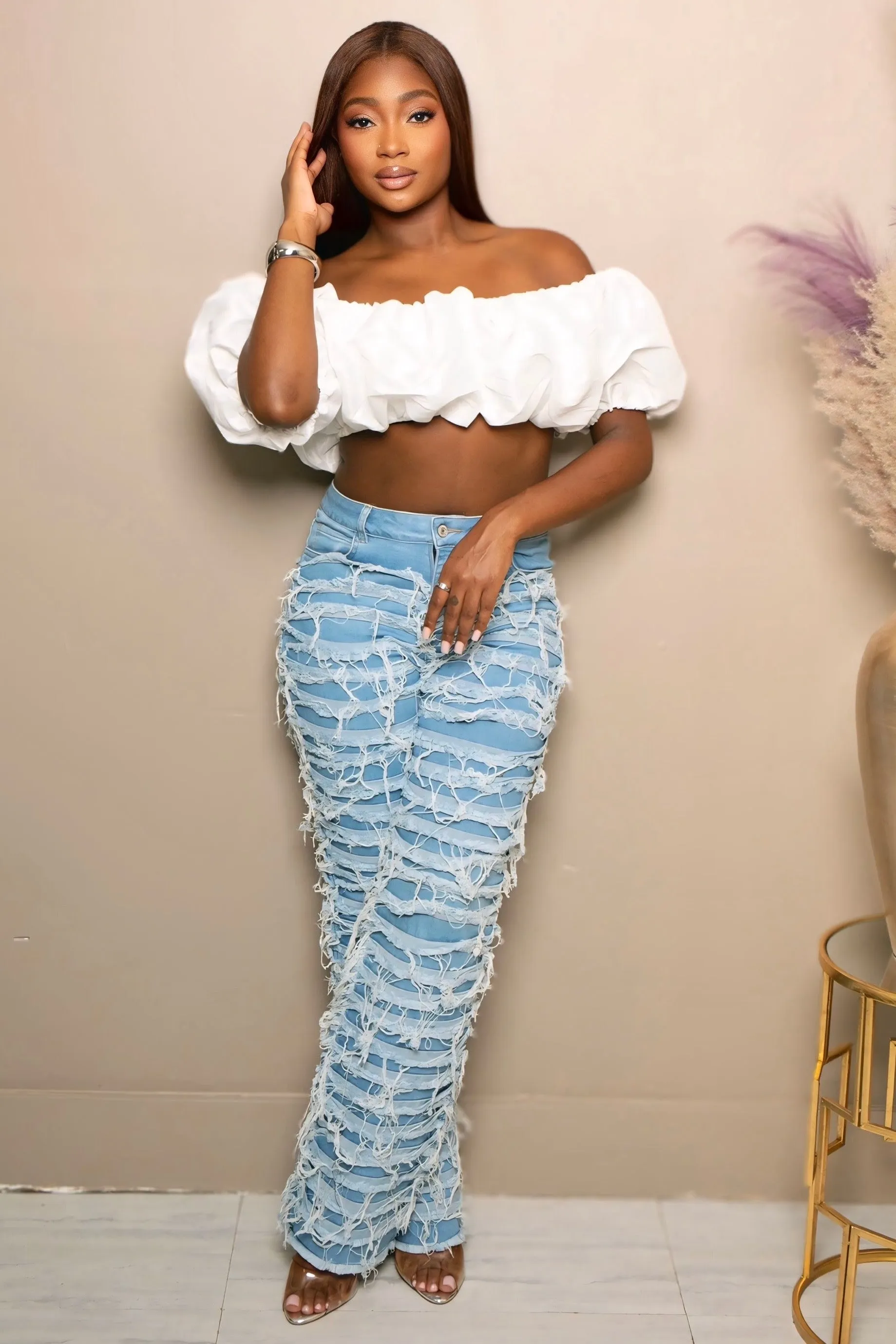 Shalandra Bold Statement Distressed Jeans StainResistantCoating