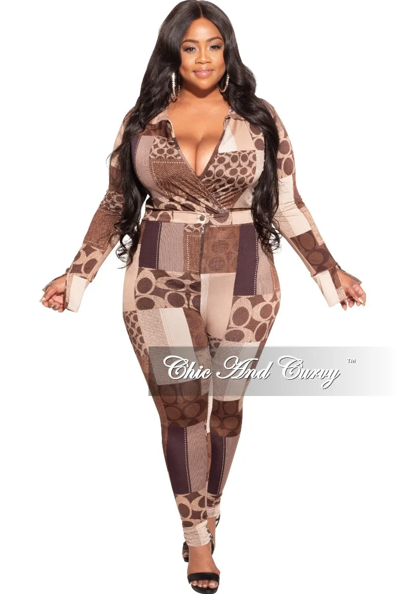 Final Sale Plus Size 2-Piece Collared Faux Wrap Bodysuit and Pants Set in Brown Print Sport Ready Fit