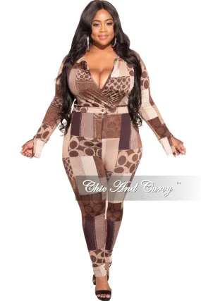 Final Sale Plus Size 2-Piece Collared Faux Wrap Bodysuit and Pants Set in Brown Print Sport Ready Fit