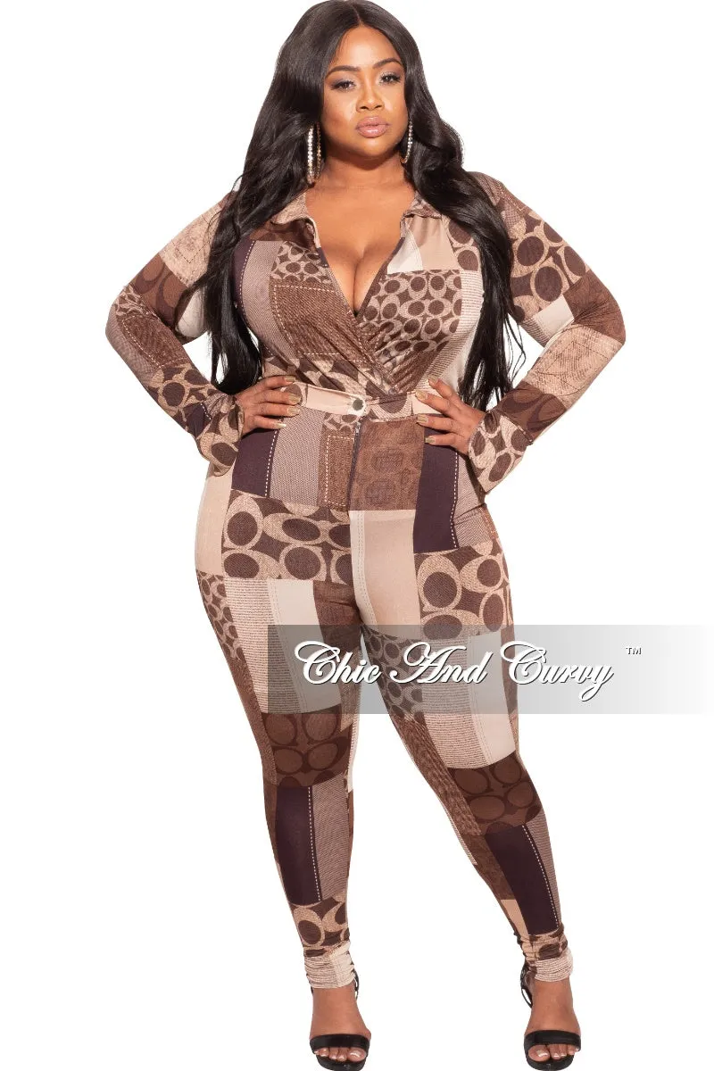 Final Sale Plus Size 2-Piece Collared Faux Wrap Bodysuit and Pants Set in Brown Print Shape Flex Double Stitched
