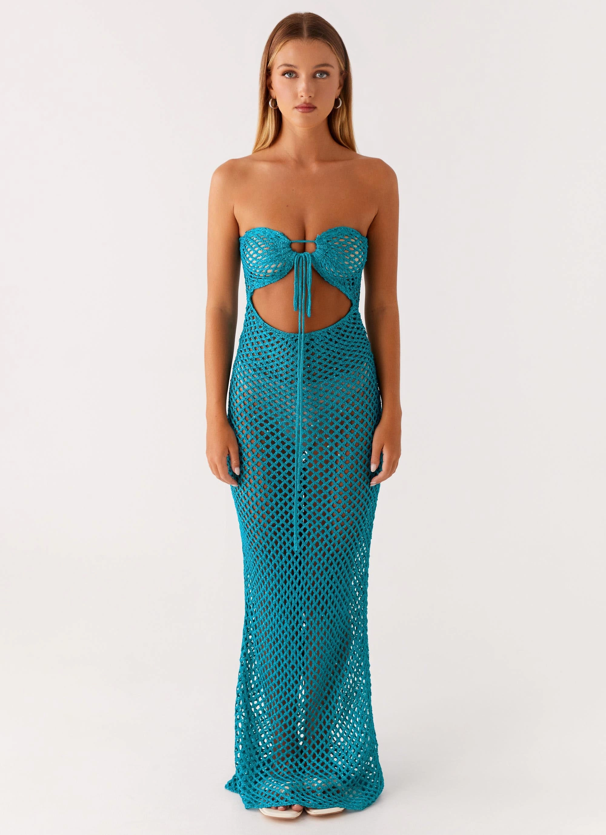 Polished Form Silky Surface Sun Kissed Crochet Maxi Dress - Blue