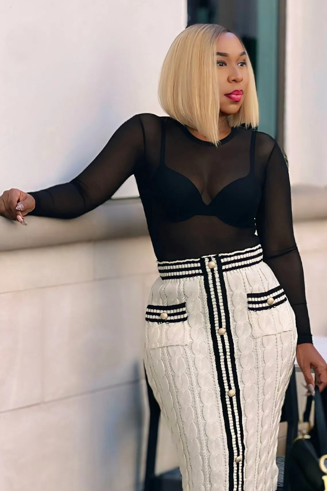 Sheilah Pretty Basic Long Sleeve Mesh Bodysuit -Black SelfFabric Binding YarnDyedQuality