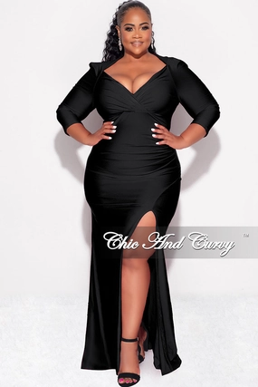 ZipperedPockets Final Sale Plus Size Shiny Faux Wrap Gown with Slit in Black