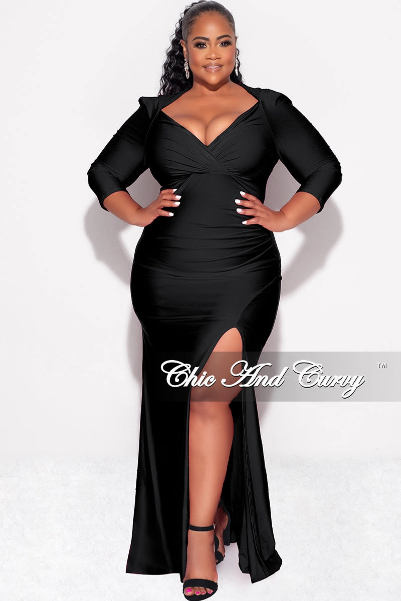 Final Sale Plus Size Shiny Faux Wrap Gown with Slit in Black Comfortable and stylish