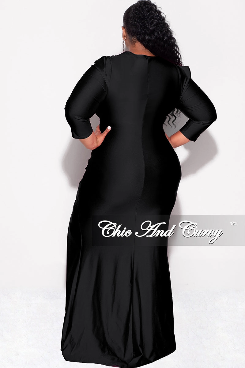 Final Sale Plus Size Shiny Faux Wrap Gown with Slit in Black Activewear Top