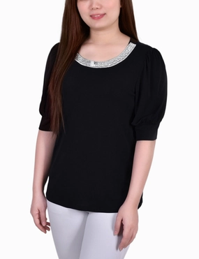 ReinforcedHems Short Beaded Puff Sleeve Top