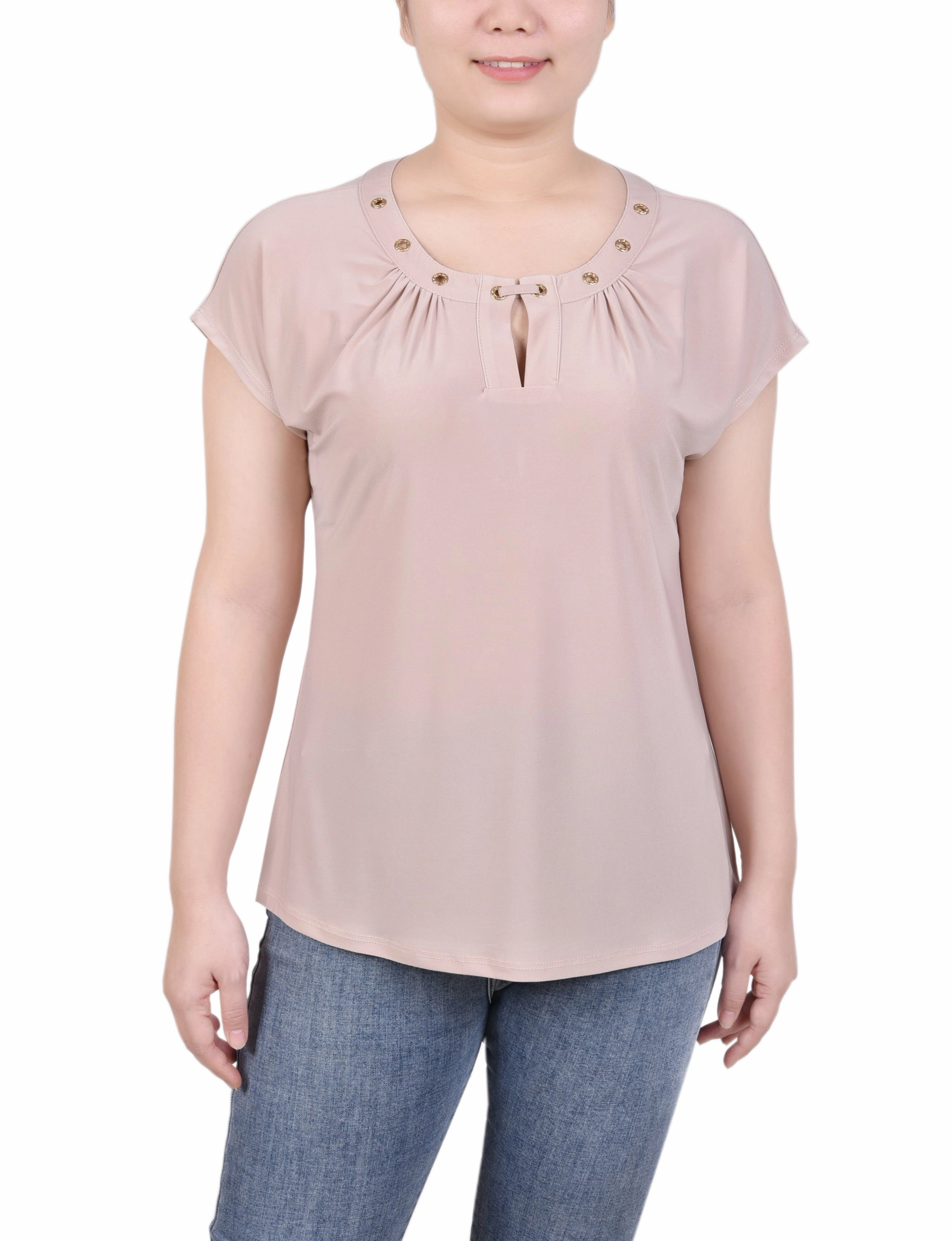 DurableZipper Short Extended-Sleeve Grommet Neck Knit Top