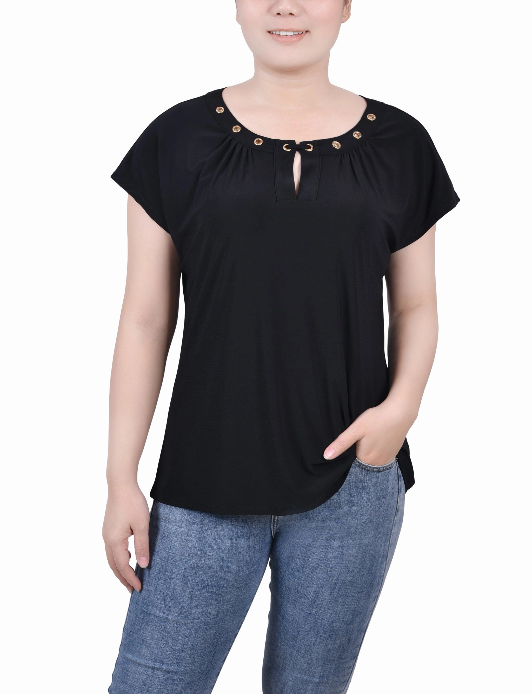 Short Extended-Sleeve Grommet Neck Knit Top Microfiber texture