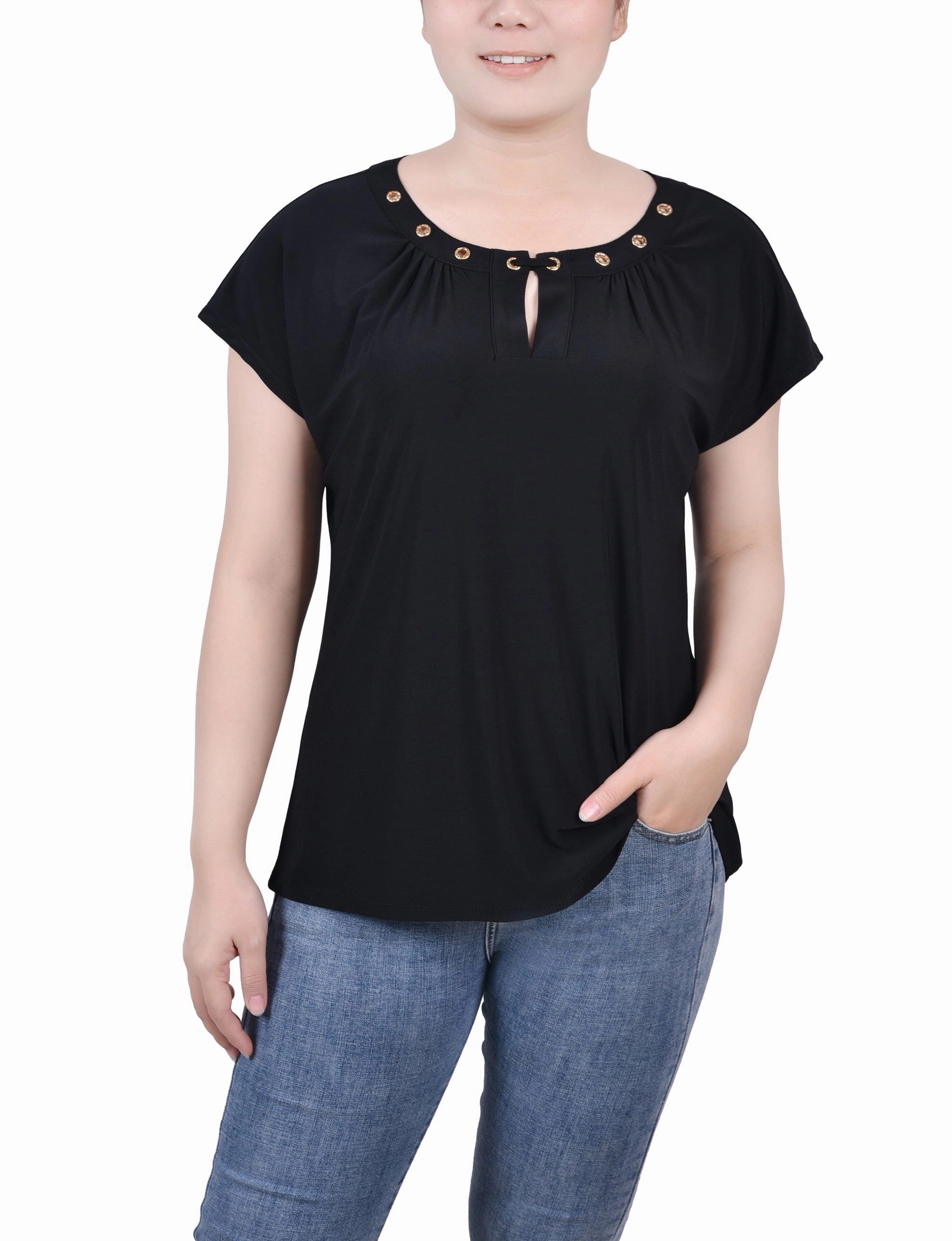 Easy Fit Short Extended-Sleeve Grommet Neck Knit Top