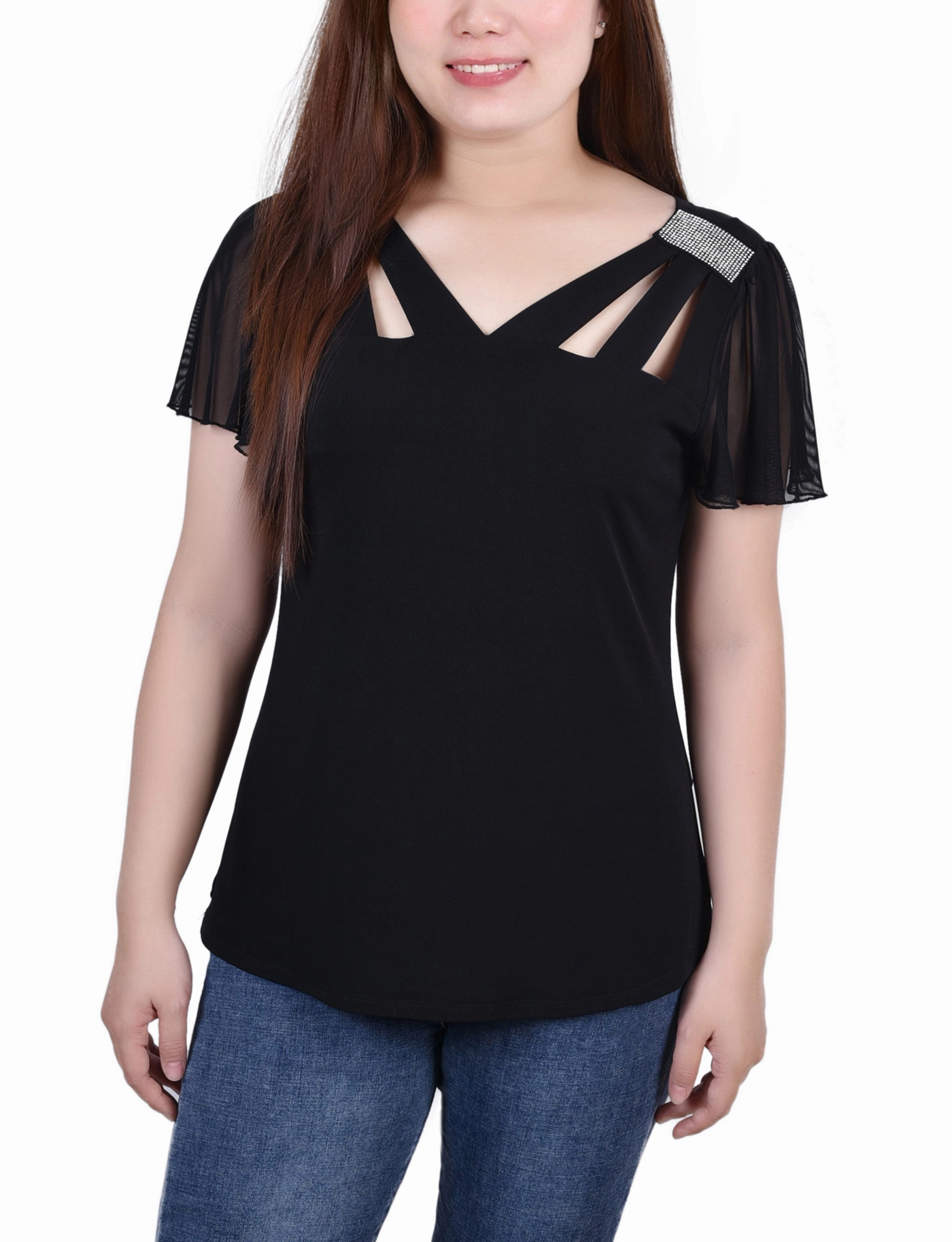 Quick Dry Performance Odor Control Technology Short Flutter Sleeve Top With Cutouts and Stones
