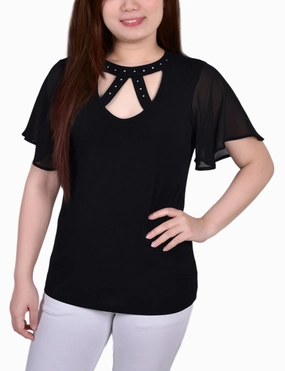 Short Flutter Sleeve Top With Rhinestone Studs LaserCutVents Grid Texture Fabric