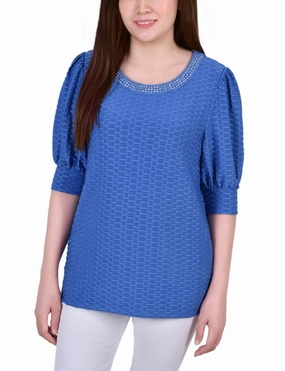 Bound Seam Edges Short Puff Sleeve Honeycomb Top