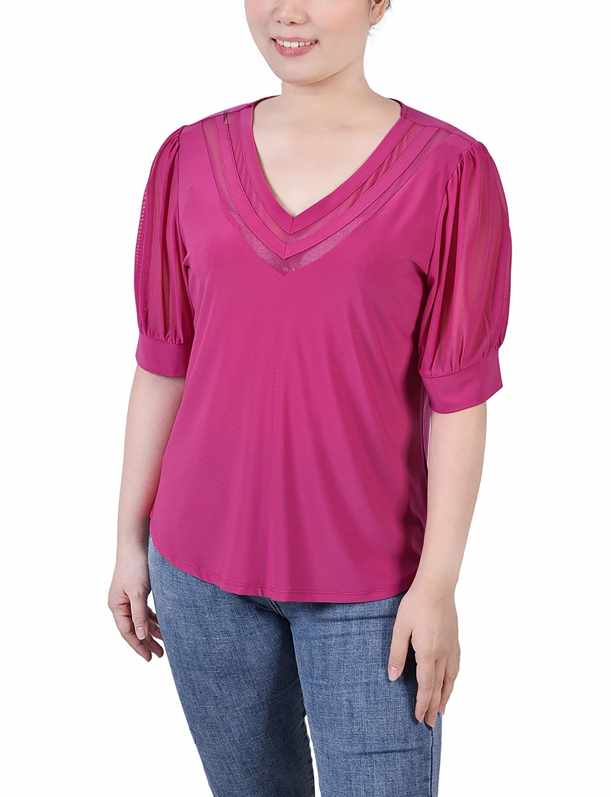 All Day Comfort HypoallergenicFibers Short Puff Sleeve V Neck Top