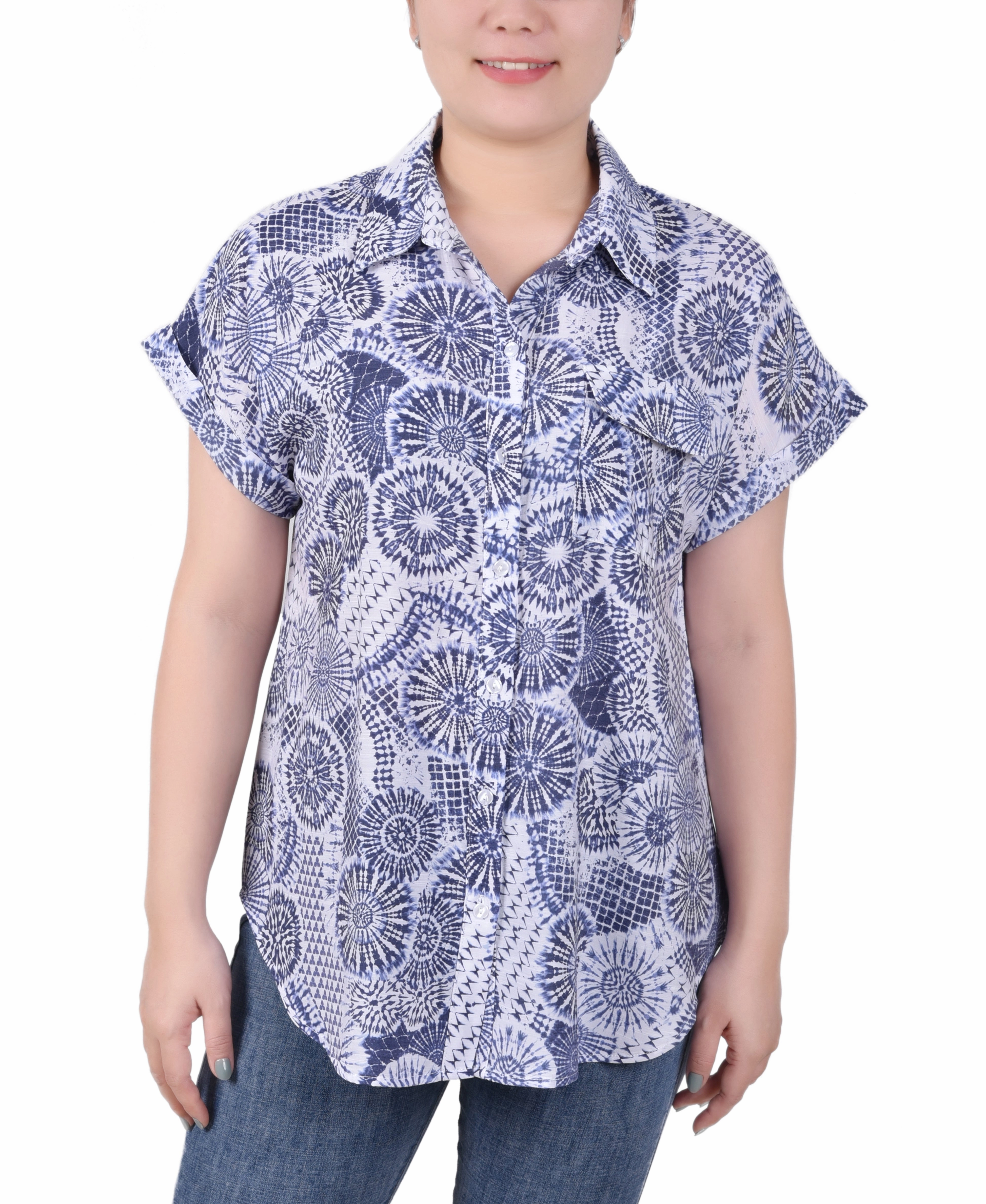 Silicone Print Detail Durable Reinforced Elbows Short Rolled Sleeve Button Front Blouse