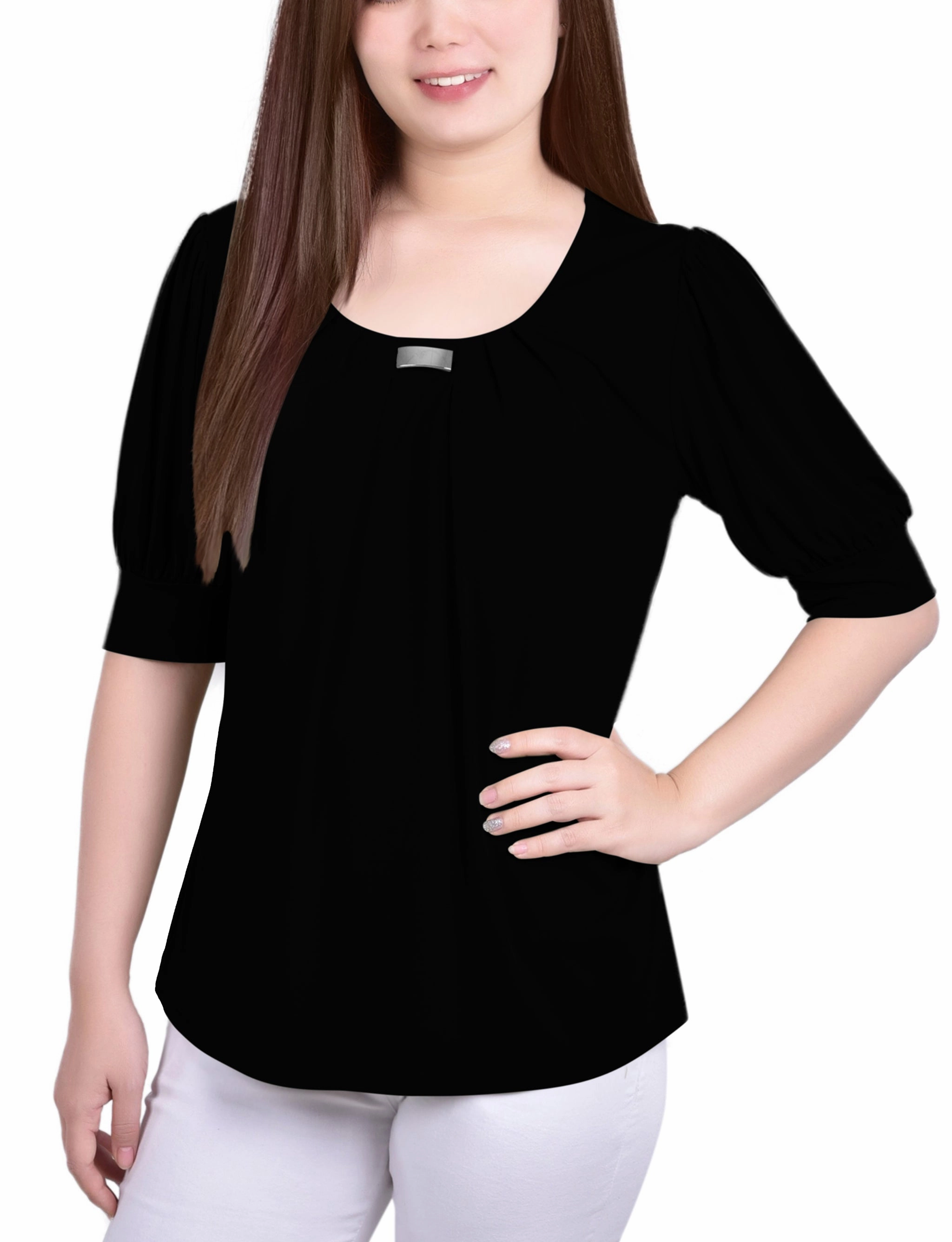 preshrunk Cozy Layer Short Sleeve Balloon Sleeve Top With Hardware