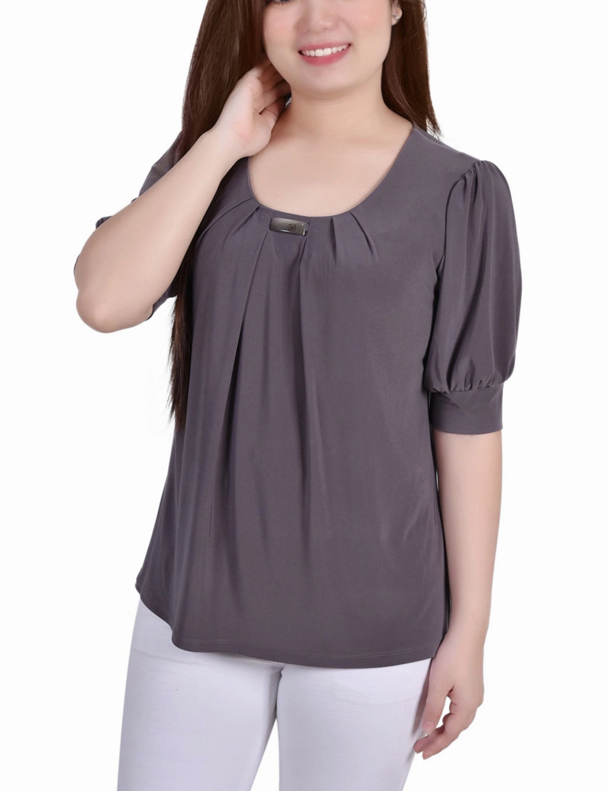 Short Sleeve Balloon Sleeve Top With Hardware Comfy Fit High Neck Design