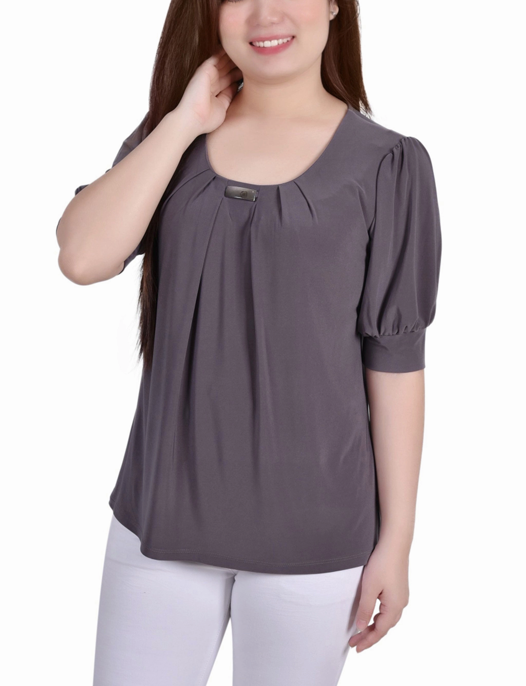 EthicallySourced Short Sleeve Balloon Sleeve Top With Hardware