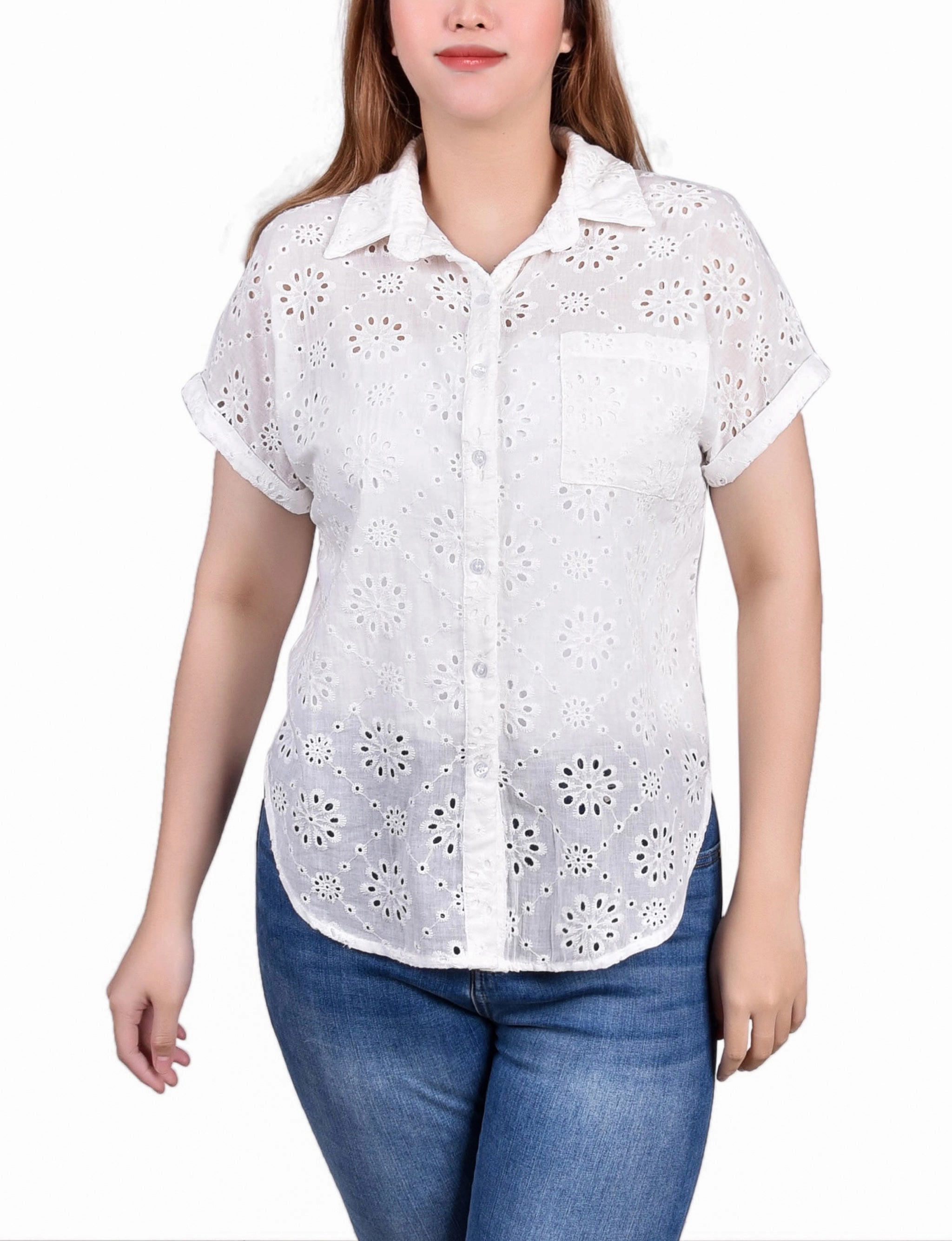 Lightweight Fabric Short Sleeve Eyelet/Jersey Blouse