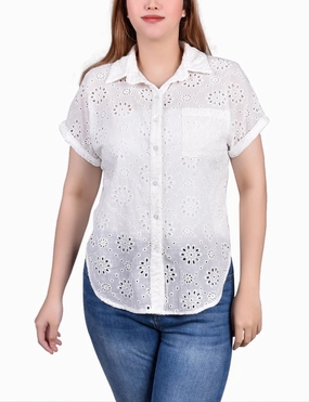 Short Sleeve Eyelet/Jersey Blouse PocketDetails