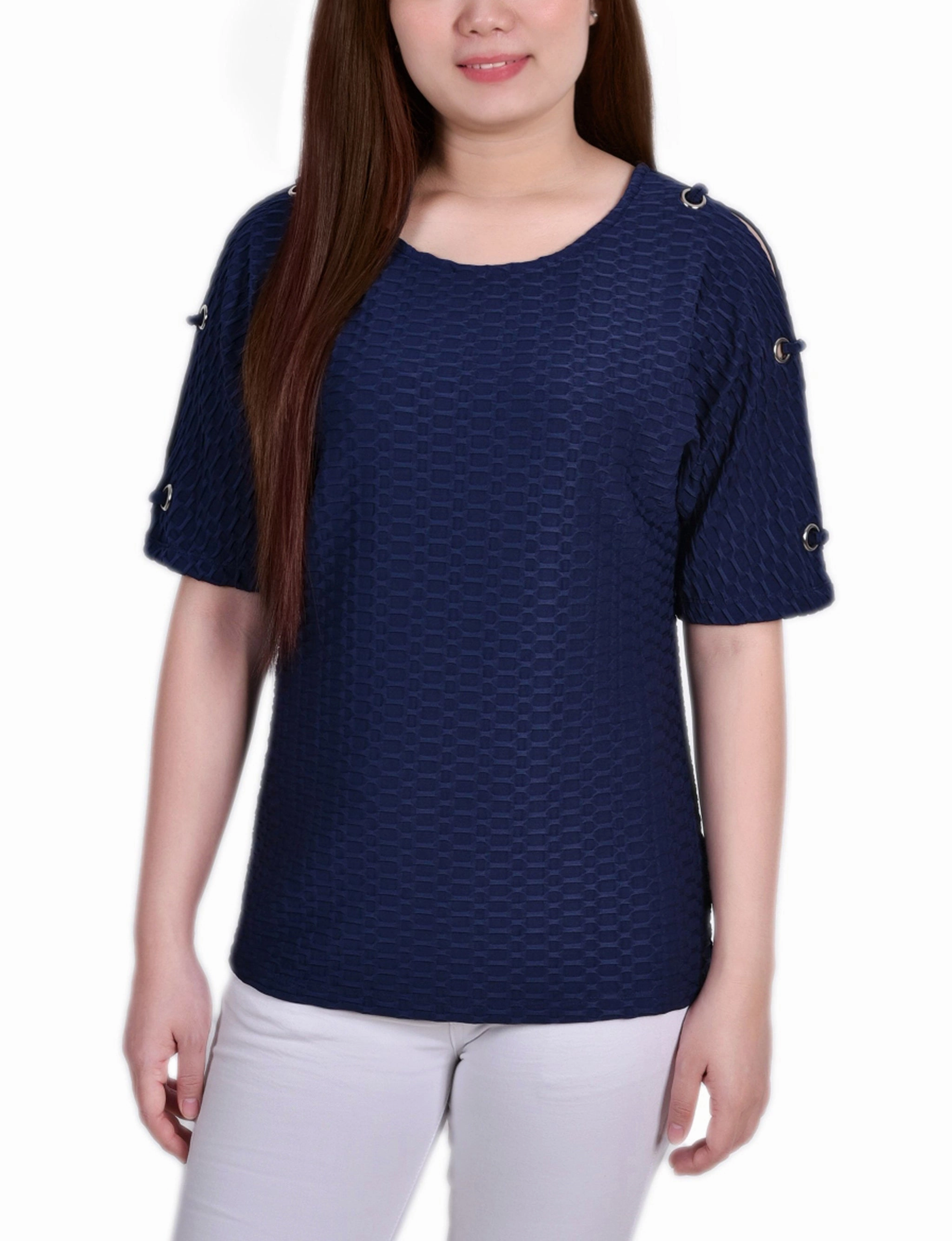 Short Sleeve Honeycomb Textured Grommet Top Shape Retention Fabric
