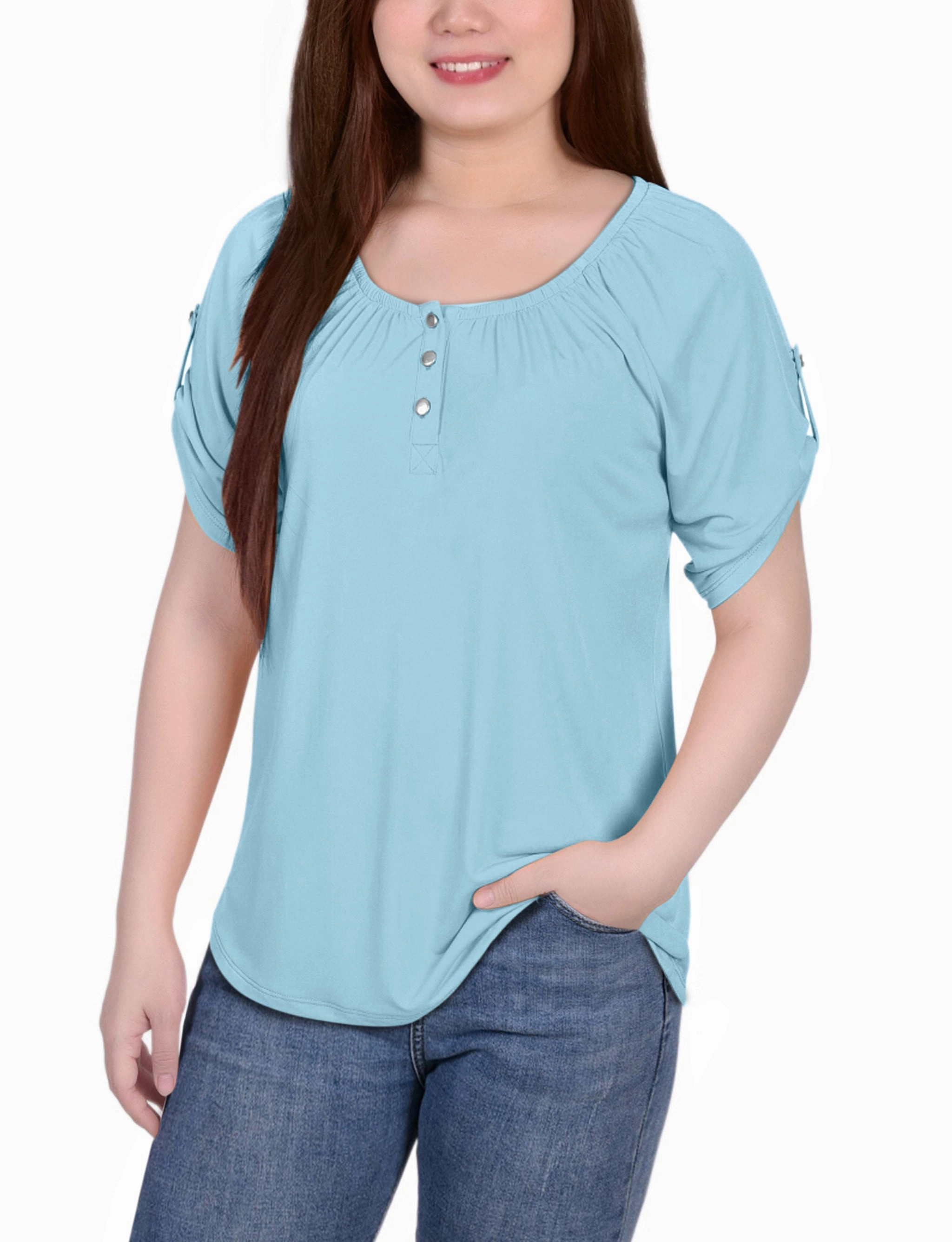 Short Sleeve Round Neck Henley Top Everyday Comfort Fit