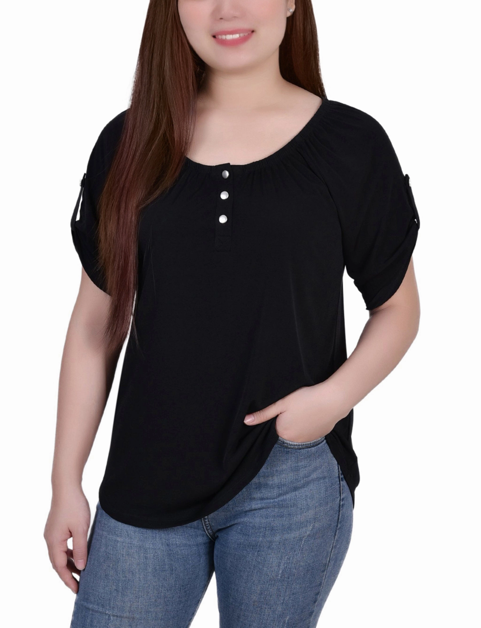 Quick Access Slit Short Sleeve Round Neck Henley Top