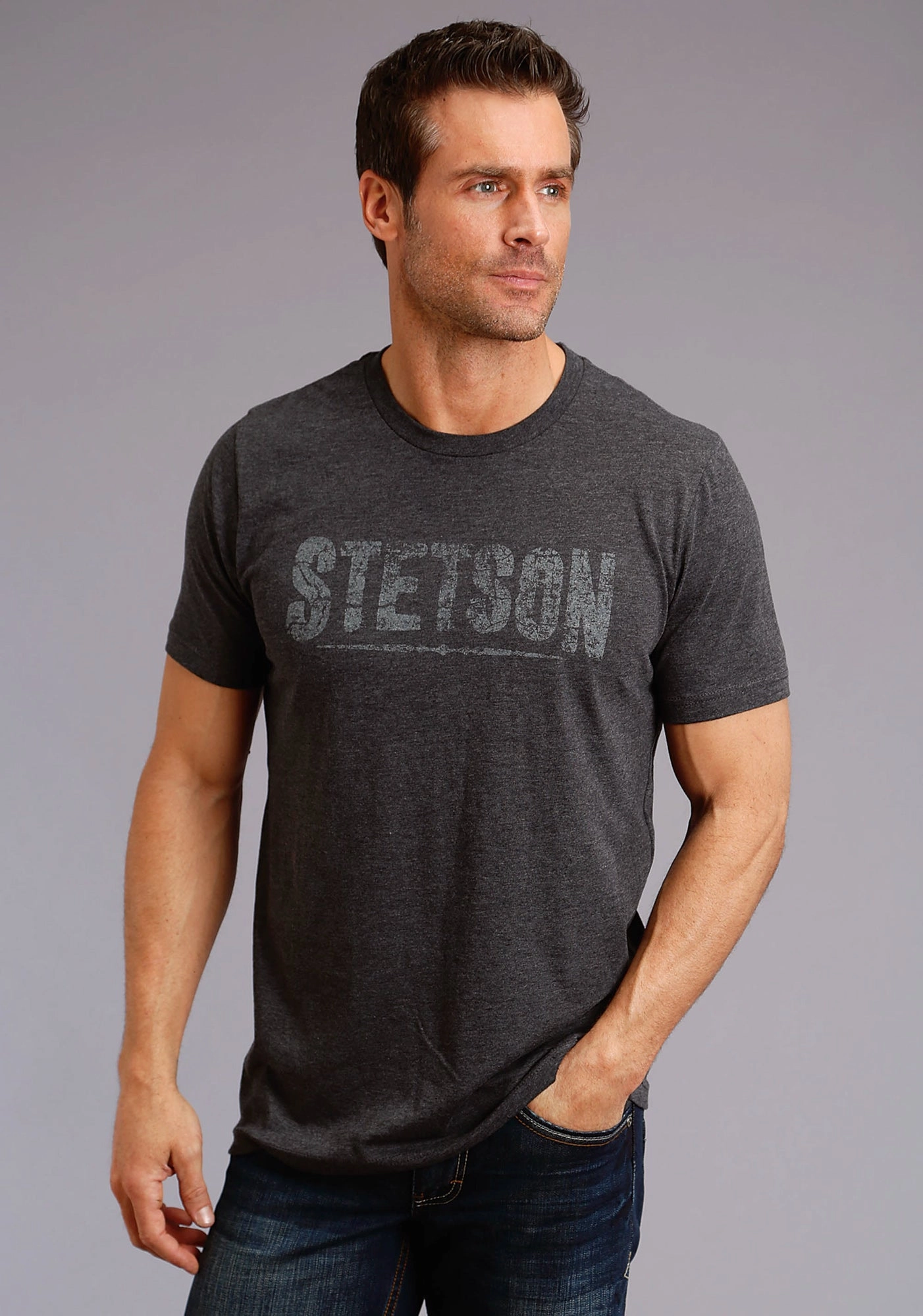 Mix-And-Match Stetson Unisex Heather Grey 100% Cotton Cream Logo S/S T-Shirt