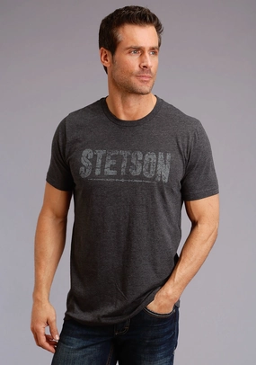 Polished Style Designer Touch Stetson Unisex Heather Grey 100% Cotton Cream Logo S/S T-Shirt