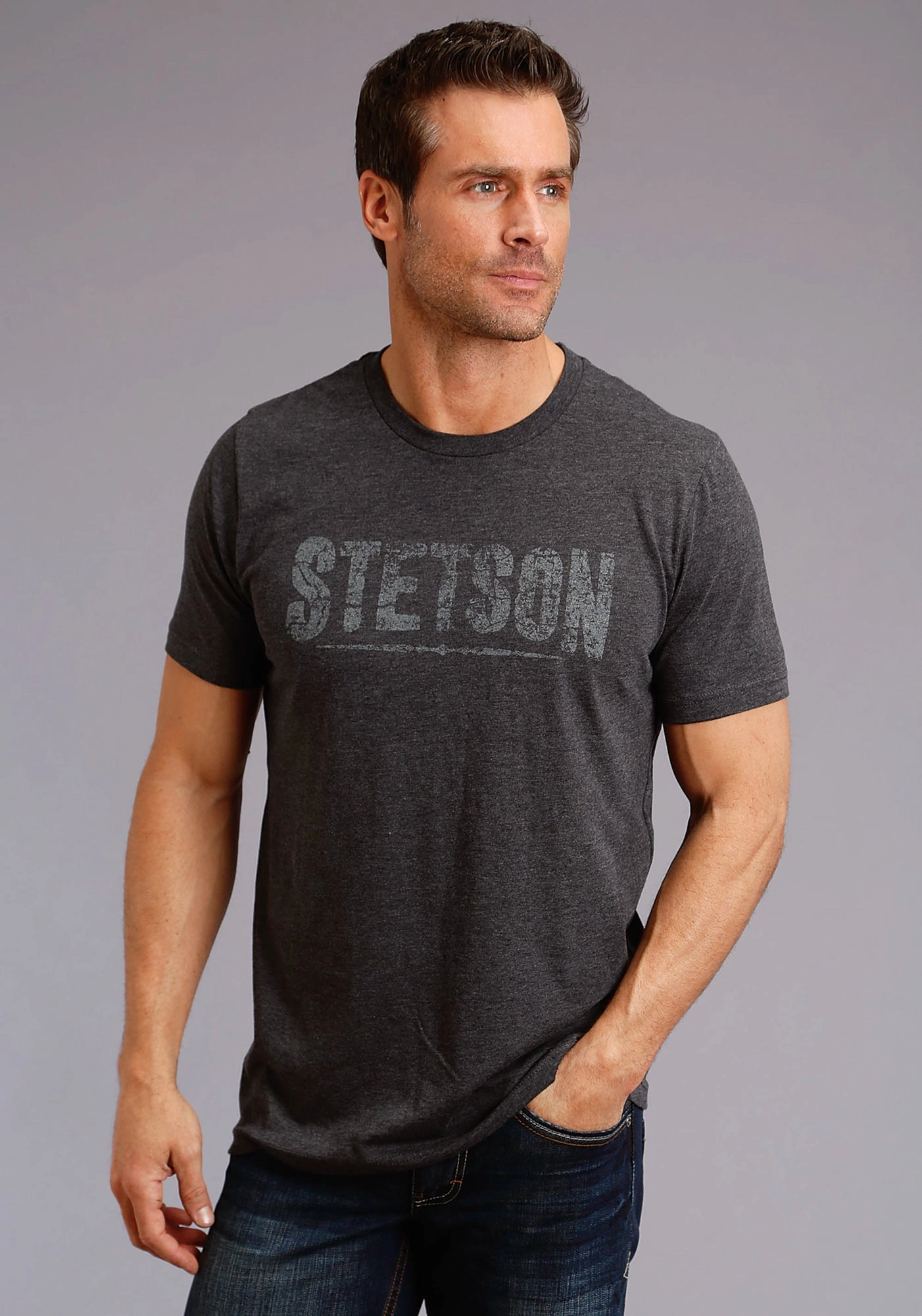 Stetson Unisex Heather Grey 100% Cotton Cream Logo S/S T-Shirt Outdoor Adventure Moisture wicking