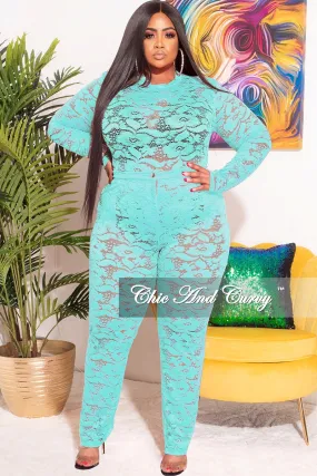 Final Sale Plus Size 2pc Lace Bodysuit & Pants in Aqua Flexible Knees