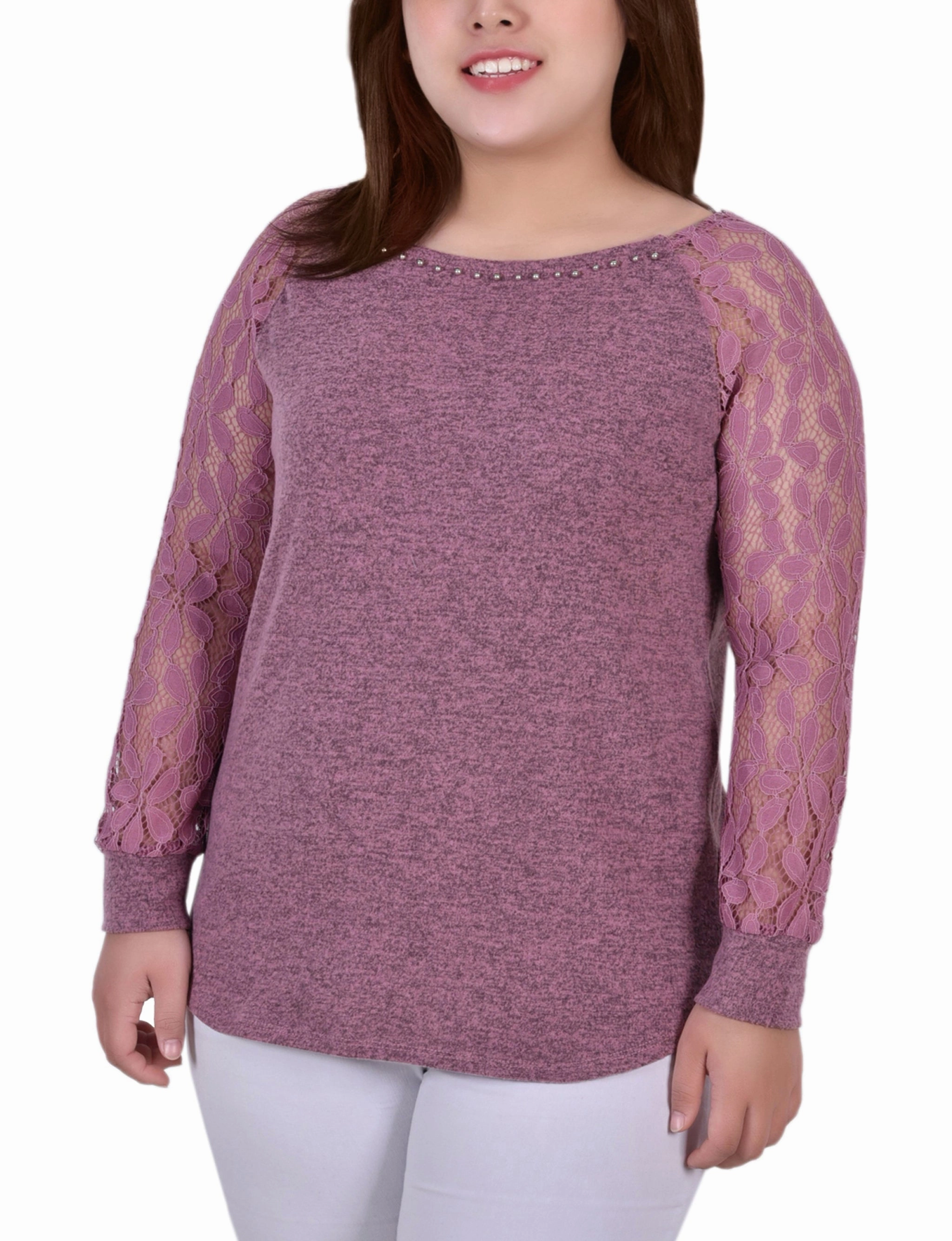 Plus Size Long Lace Sleeve Top FrayResistant Fabric AdjustableHem