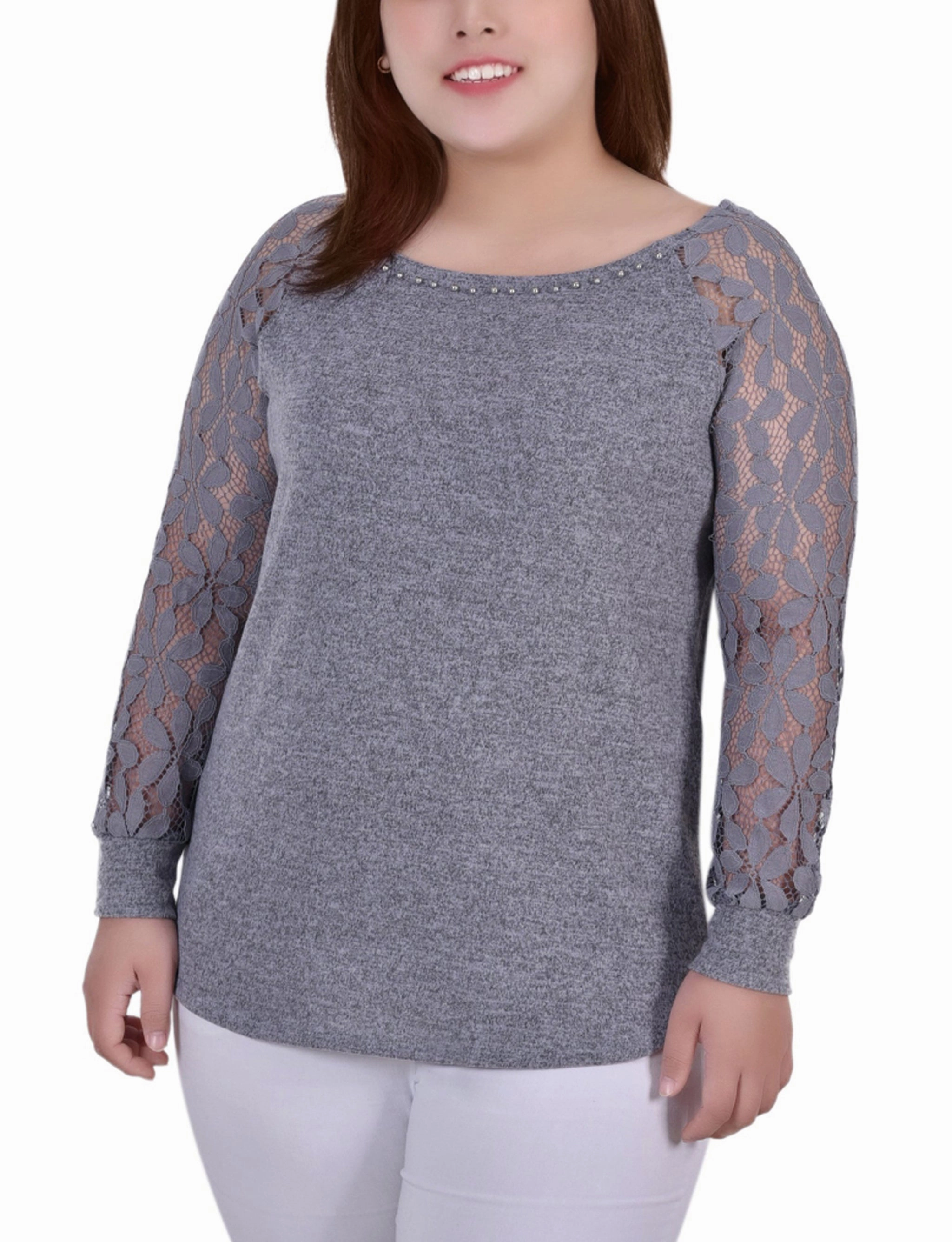 Plus Size Long Lace Sleeve Top Raw Edge Finish Moisture Management