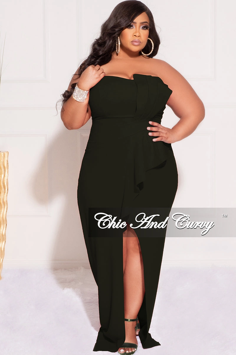 Final Sale Plus Size Strapless Pleated Ruffle Gown with Front Slit in Black Recycled Material Blend summer top