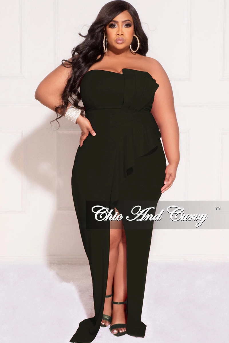 Final Sale Plus Size Strapless Pleated Ruffle Gown with Front Slit in Black Festival wear Modern Layer