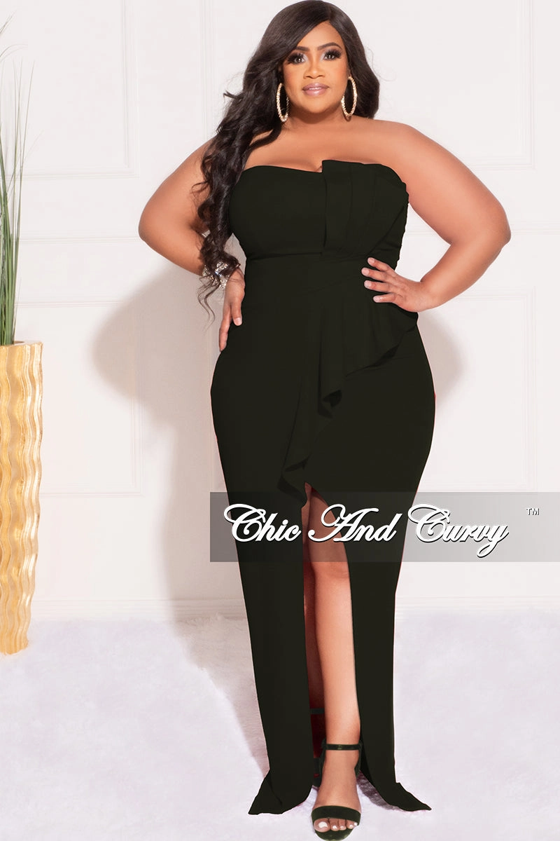 Final Sale Plus Size Strapless Pleated Ruffle Gown with Front Slit in Black Breathable Mesh Back StretchComfortDesign