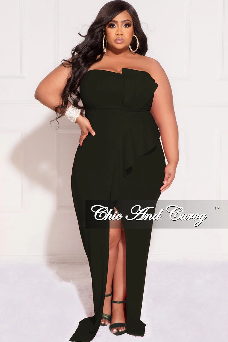 HighElasticity Thread Soft Material Final Sale Plus Size Strapless Pleated Ruffle Gown with Front Slit in Black