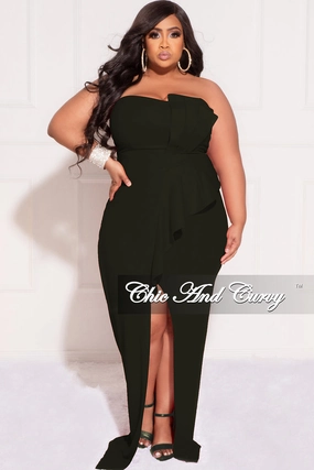 HighElasticity Thread Soft Material Final Sale Plus Size Strapless Pleated Ruffle Gown with Front Slit in Black