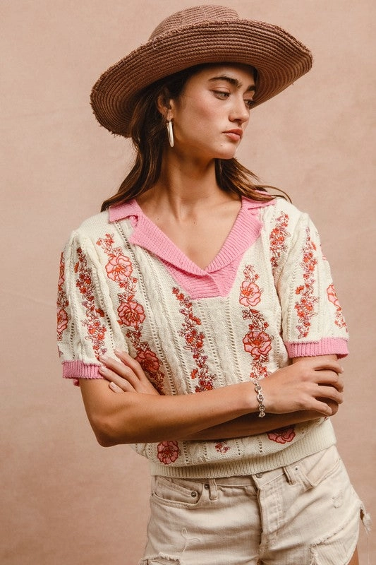 Roll Up Sleeve Design Ergonomic Shoulder Cut SIENNA FLORAL EMBROIDERY COLLARED KNIT TOP S-XL
