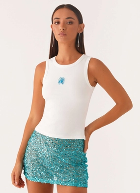 Signature Beaded Logo Tank - White ElasticTrimming