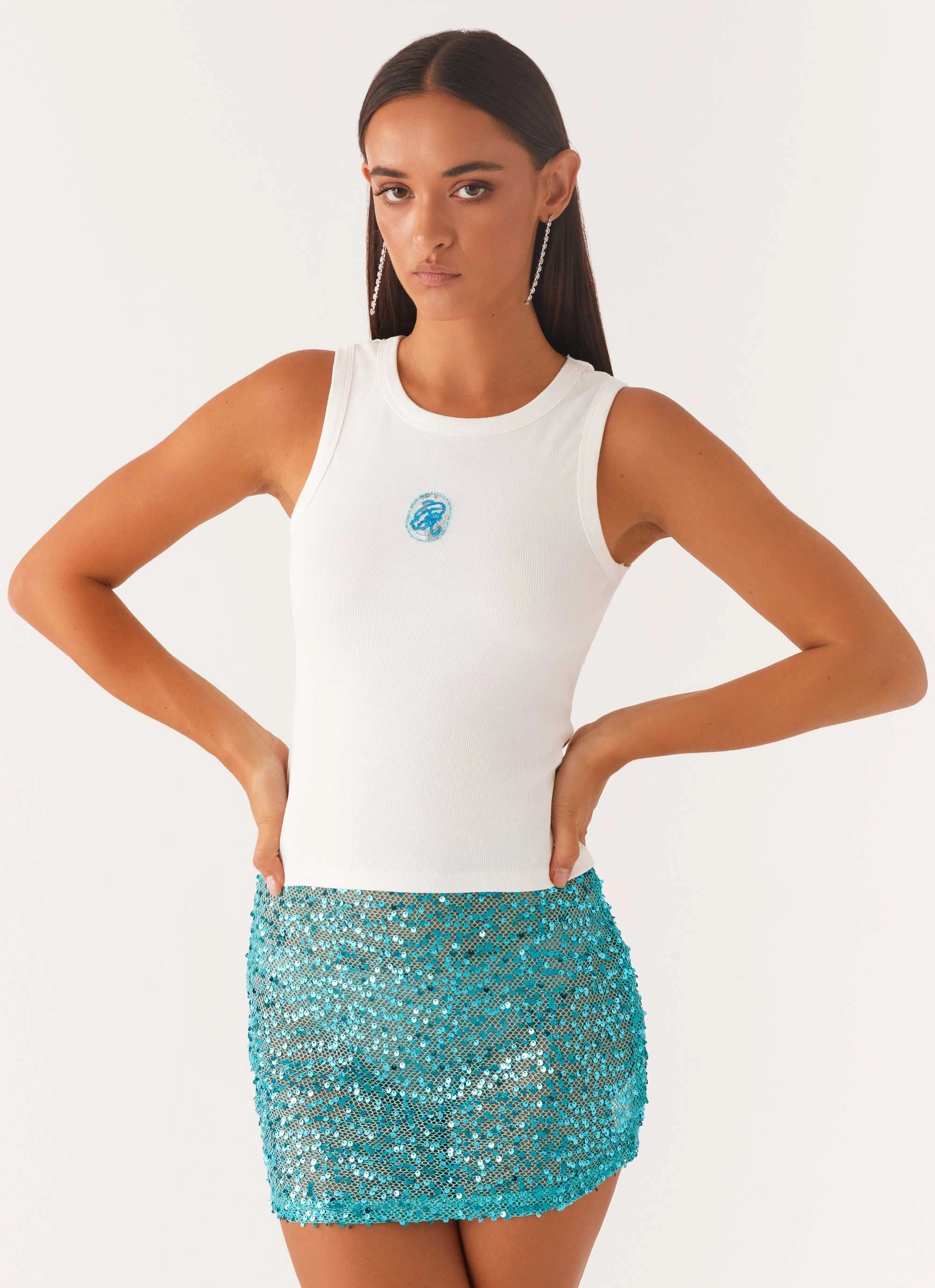 Signature Beaded Logo Tank - White Adjustable Hemline Casual Button-Down