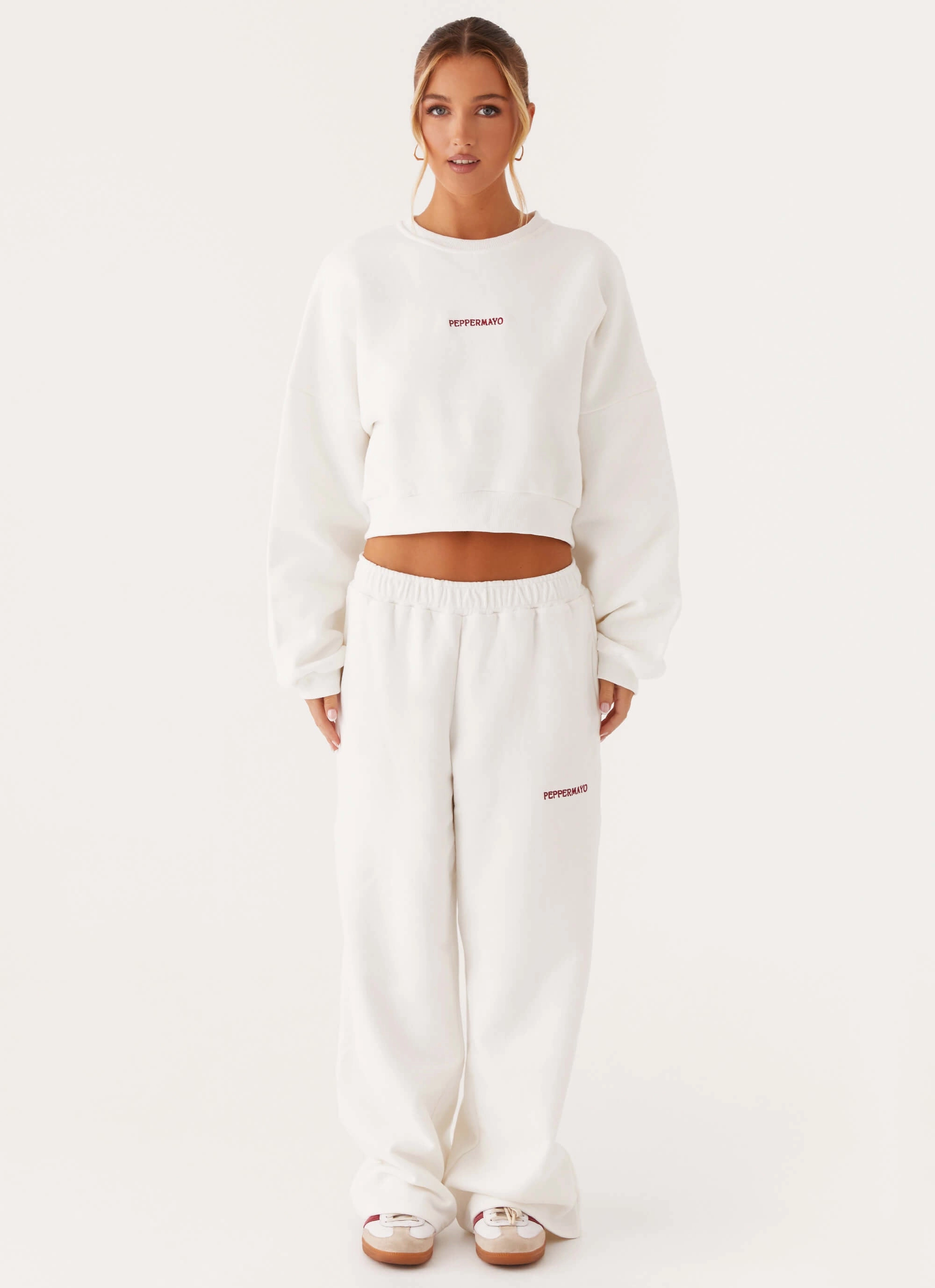 WaffleKnit Texture Signature Cropped Sweatshirt - Ivory